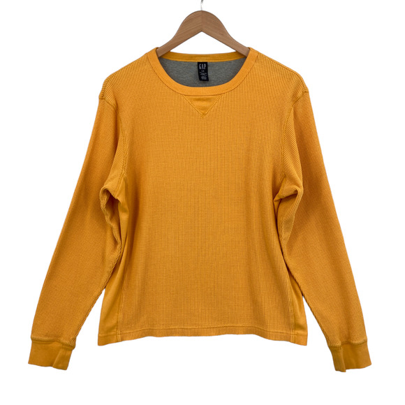 Gap Waffle Knit Thermal Mens Small Yellow Long Raglan Sleeve Crew Neck Pullover - Picture 1 of 12